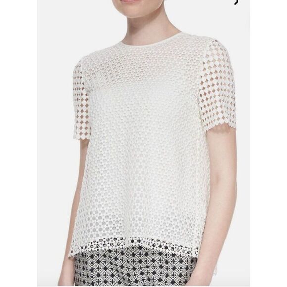 Tory Burch Crescent Guipure Lace Pleated Back Short Sleeve Top Off‎ White Size 4 - Picture 2 of 9